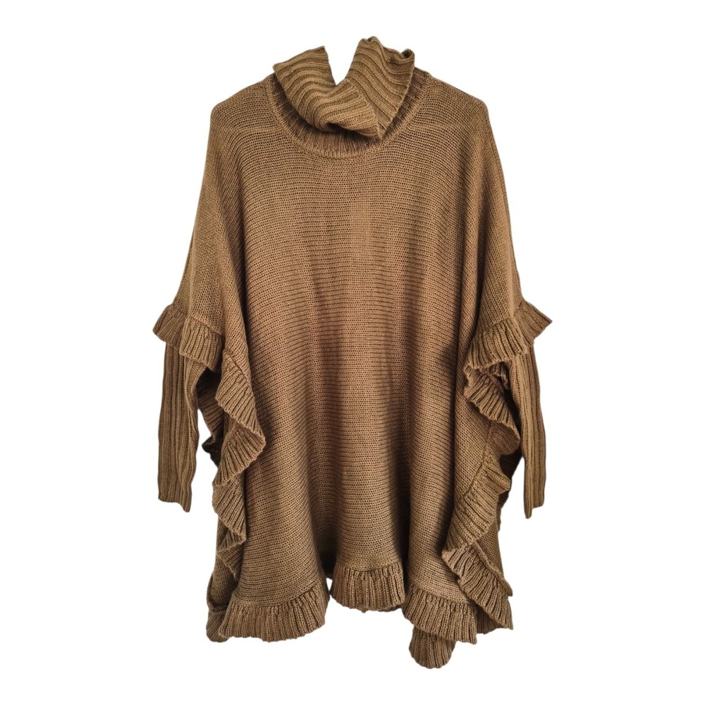 Alfa Camel Ruffle Turtleneck Poncho Sweater S/M Slouchy Lagenlook Boho NWT
